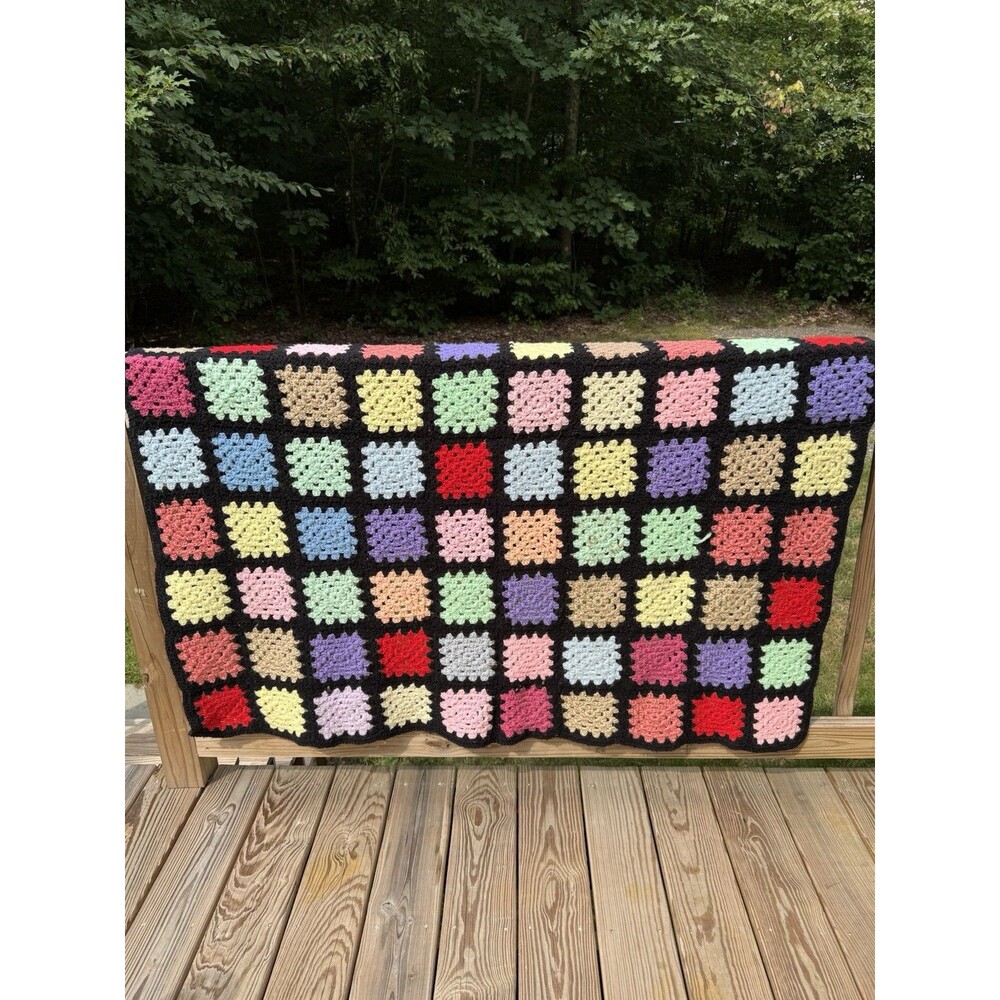 Vintage Granny Square "Roseanne" Hand Crocheted Afghan Throw Blanket 53" X 55"